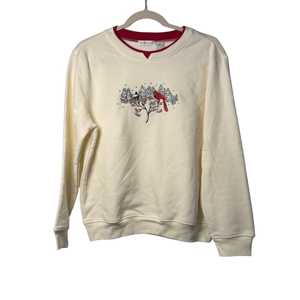 VTG Hasting & Smith Petite Cream Sweatshirt Cardinal Snow Scene Embroidery SZ PM